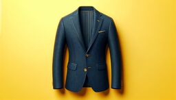 Single blue textured blazer with gold accents on a bright yellow background.