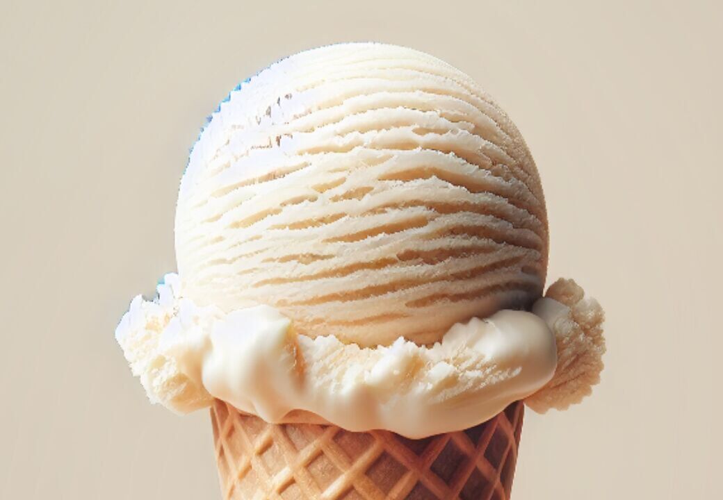 Close-up of a single scoop of vanilla ice cream on a waffle cone against a soft beige background.