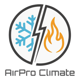 AirPro Climate HVAC logo with blue snowflake and orange flame split by a bold lightning bolt