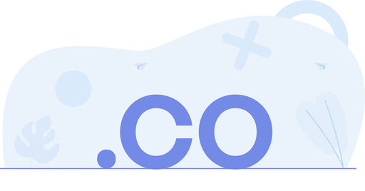 Minimal illustration with large blue text ".CO" on a light blue abstract background featuring soft shapes and plant-like leaves.