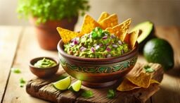 Rustic bowl of fresh guacamole topped with diced red onion and cilantro, surrounded by tortilla chips, lime wedges, and whole avocados on a wooden board.