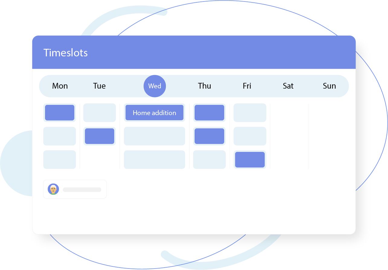 Illustration of a calendar timeslots interface highlighting Wednesday with multiple appointments and one labeled 'Home addition.'