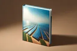 Hardcover book standing upright on a neutral brown surface, featuring a glossy dust jacket image of a large solar farm with rows of blue photovoltaic panels receding toward a bright horizon under a hazy sky.