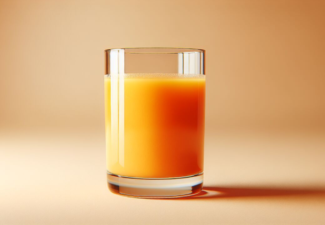 A clear glass filled with orange juice sits on a neutral beige surface against a softly lit beige background.