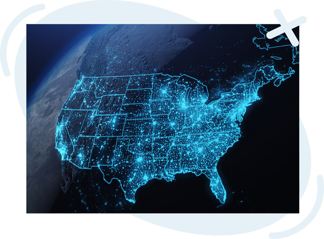 Glowing digital map of the United States at night showing state boundaries and clusters of lights across the country on a dark Earth backdrop.