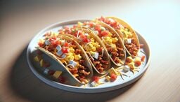 Close-up of a plate holding four breakfast tacos stuffed with scrambled eggs, crispy bacon, shredded cheese, diced tomatoes, and small white cheese cubes, arranged in soft tortillas on a wooden table with bright, natural lighting.