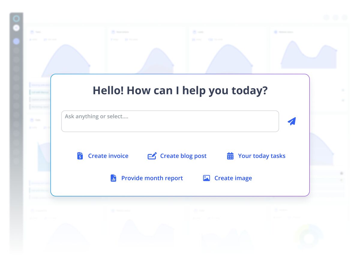 AI assistant dashboard widget with greeting and quick actions