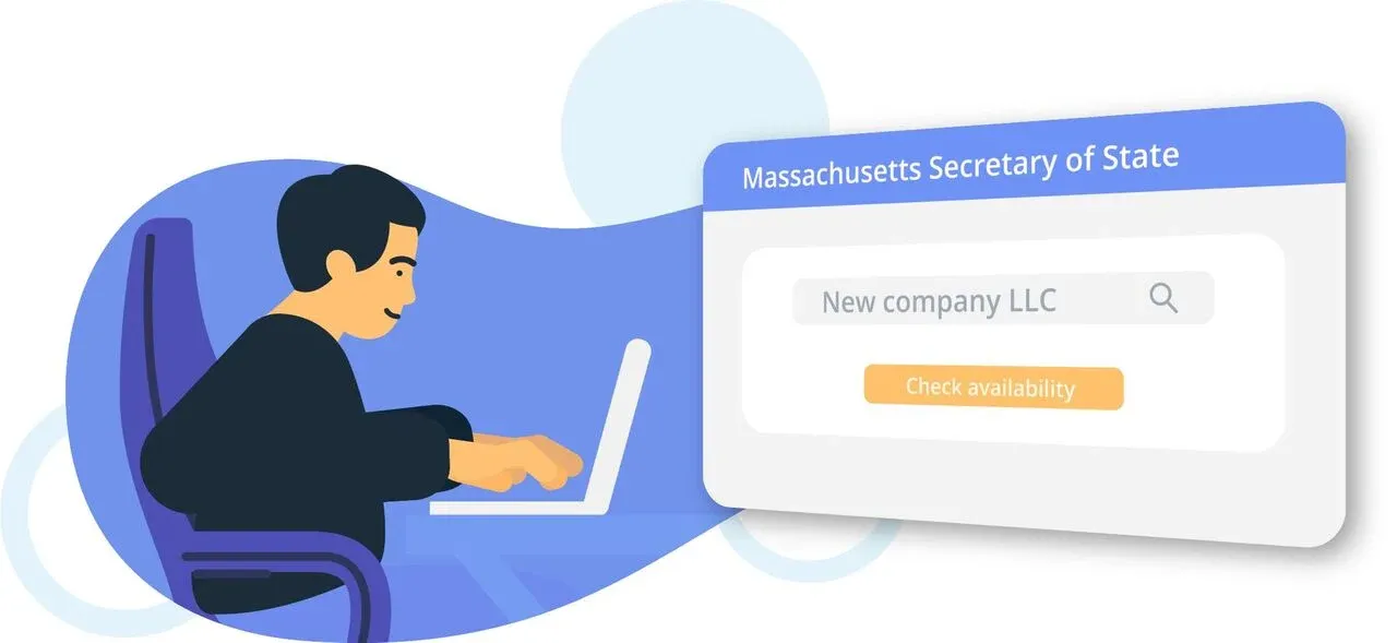Illustration of a person using a laptop to check LLC name availability on the Massachusetts Secretary of State website.