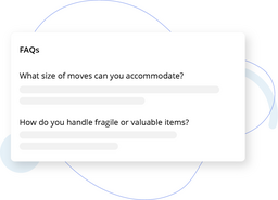 FAQ card UI mockup with questions and placeholder lines on a light abstract background.
