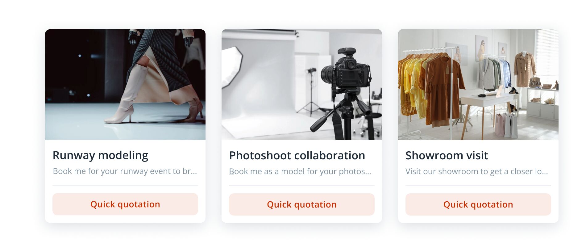 Three service cards: Runway modeling, Photoshoot collaboration, and Showroom visit, each with an image and a 'Quick quotation' button.
