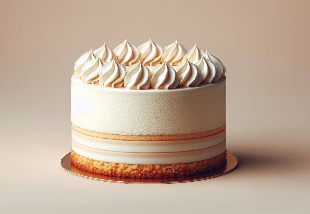 Elegant vanilla cake with piped cream swirls on top, set against a beige background.