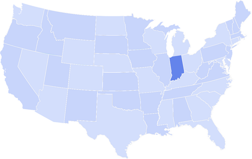 Map of the United States with Indiana highlighted in a darker blue color.