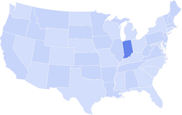 Map of the United States with Indiana highlighted in a darker blue color.