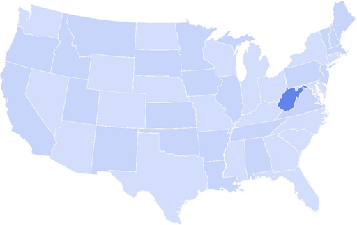 Map of the United States with West Virginia highlighted in a darker blue while all other states are shown in a lighter blue.