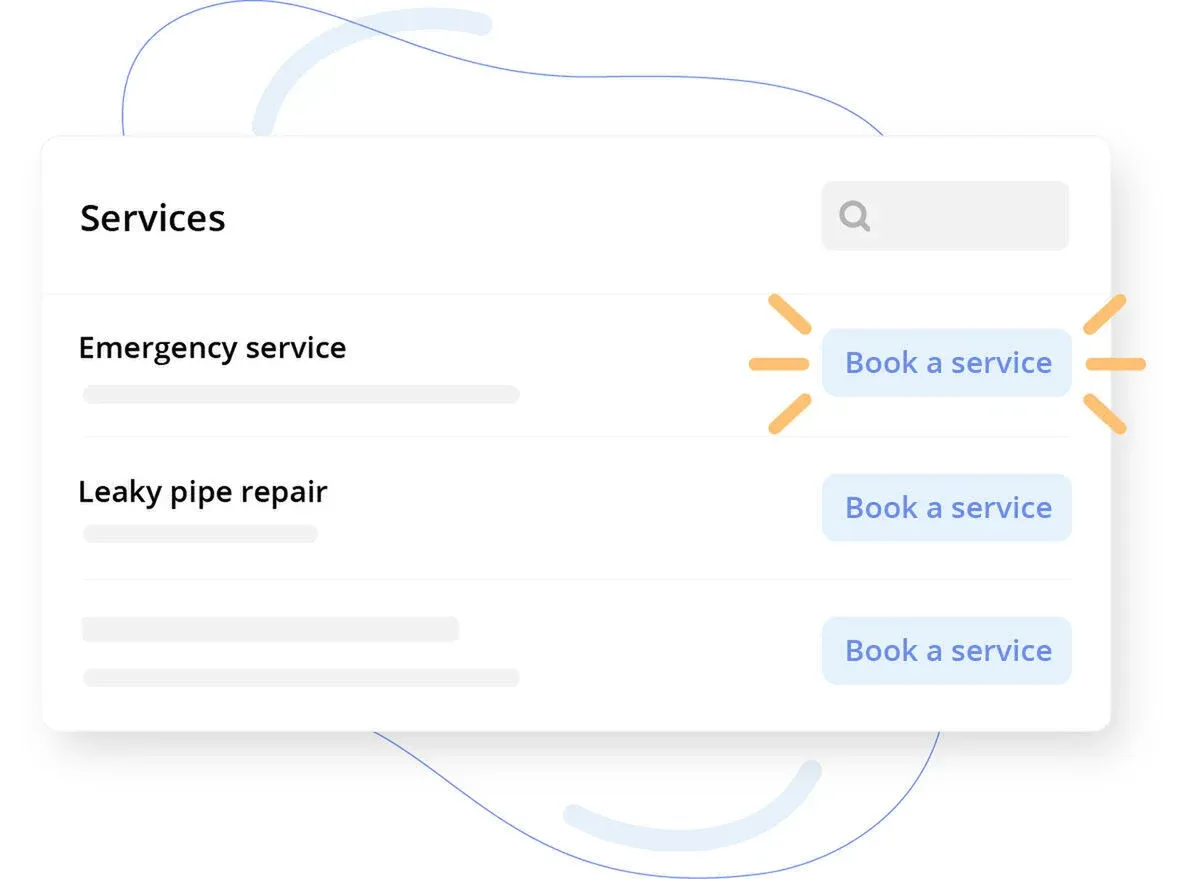 UI mockup of a services list with a search bar and prominent 'Book a service' buttons.