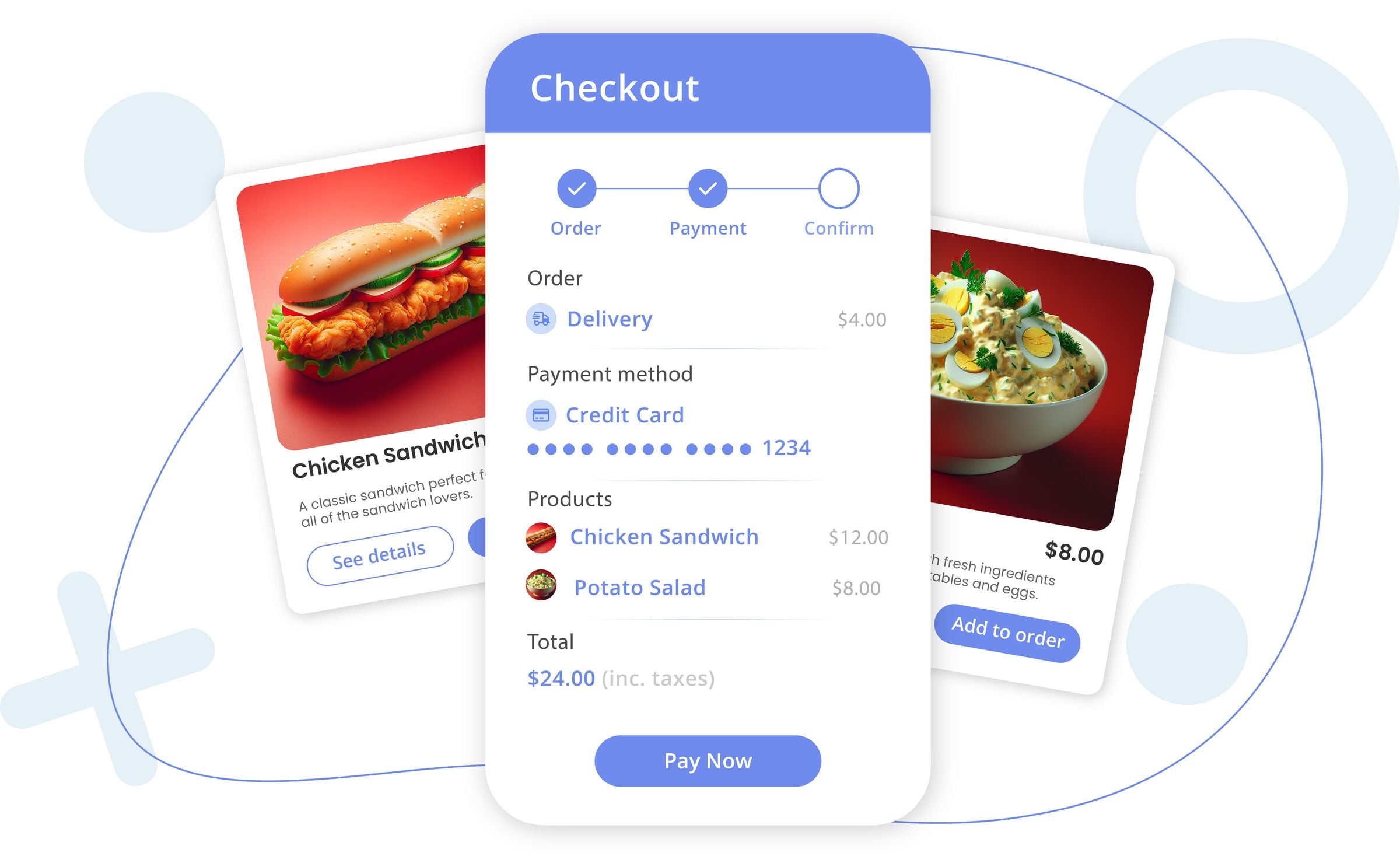 Modern food ordering checkout UI showing order steps, delivery option, credit card payment, and a summary for a chicken sandwich and potato salad totaling $24. Background includes tilted product cards with appetizing food images.