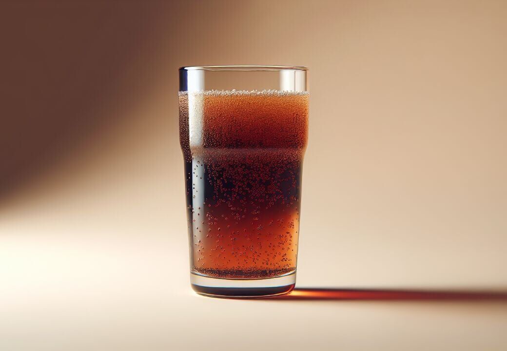 A pint glass filled with dark brown fizzy soda, tiny bubbles clinging to the sides and a thin foamy layer on top, set against a warm beige background with a soft shadow extending to the right.