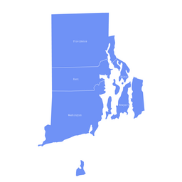 Simplified map of Rhode Island showing its counties labeled Providence, Kent, Washington, Bristol, and Newport in a solid blue silhouette on a white background.