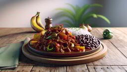 A plate of shredded beef in red sauce with bell peppers, served alongside white rice and black beans on a wooden table, with plantains, bananas, and kitchen items in the background.