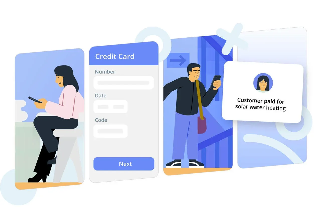 Illustration of a mobile payment flow showing a woman entering credit card details on her phone, a form with number/date/code fields and a Next button, and a man receiving a confirmation on his phone that a customer paid for solar water heating.