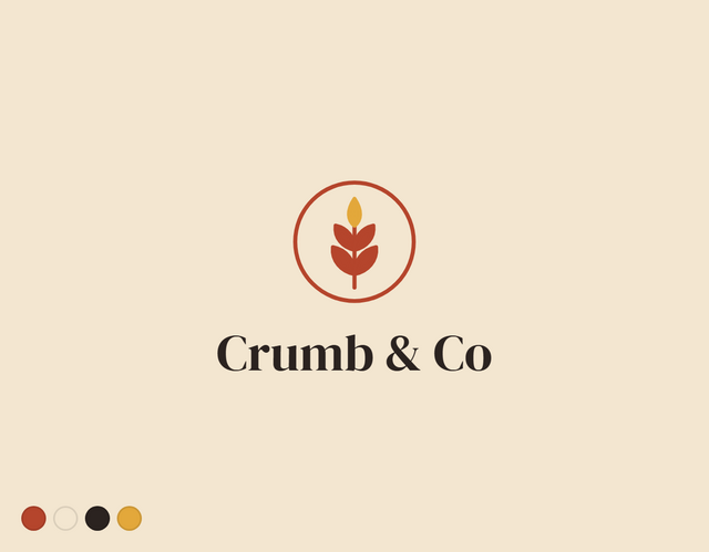 Crumb & Co bakery logo with wheat icon in warm earthy tones on a cream background