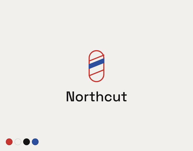 Northcut barber logo with minimalist red outline and blue diagonal stripe on cream background