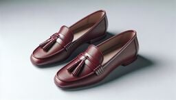 Pair of burgundy leather tassel loafers on a light gray surface, angled to show both shoes and their polished finish.