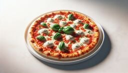 Freshly baked Margherita-style pizza topped with melted mozzarella, tomato sauce, and basil leaves on a white plate.