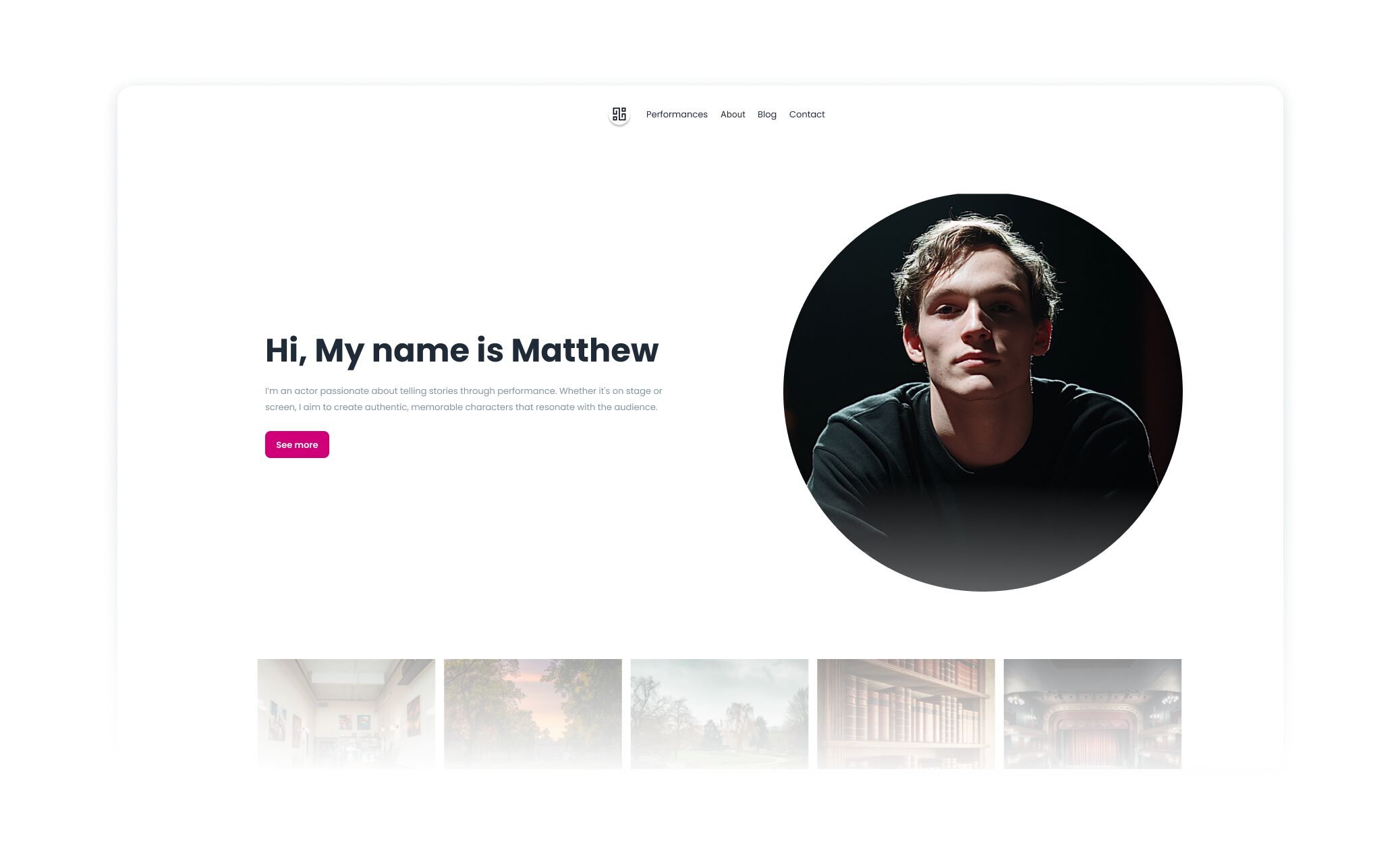 Clean personal portfolio website hero section with a circular portrait and introduction text saying 'Hi, My name is Matthew' with navigation links at top.