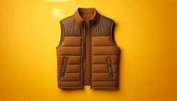 Brown quilted puffer vest with zip front and high collar, laid flat on a bright yellow background.