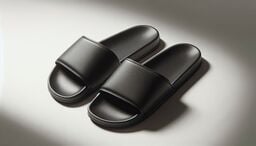 Pair of black slide sandals with wide straps on a softly lit neutral background.