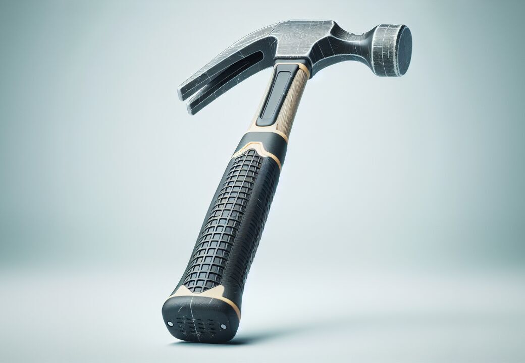 Close-up of a modern claw hammer with a textured black and tan rubber grip, slightly worn metal head, and a sleek design, isolated on a light gray background.