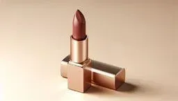Rose gold lipstick tube standing open on a beige background
