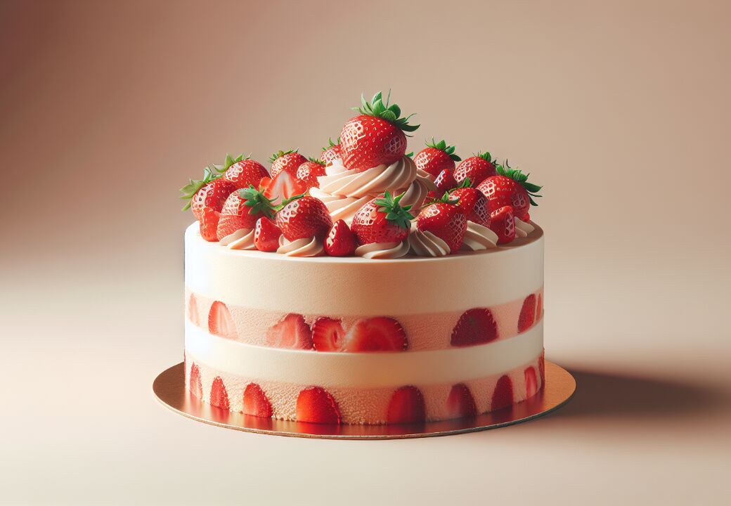 Round strawberry shortcake with layers of cream and sliced strawberries, topped with whole strawberries and swirls of cream on a gold cake board.