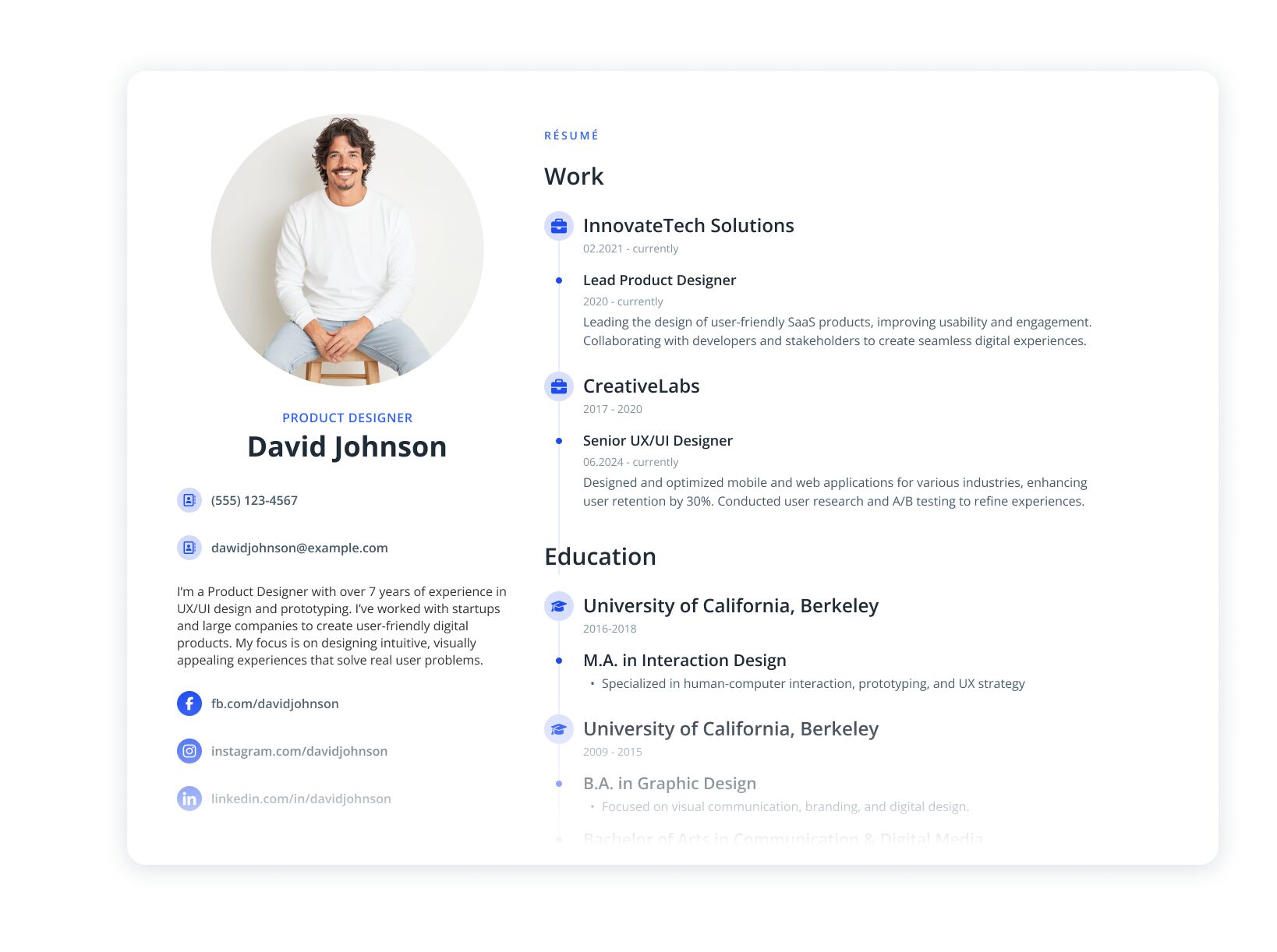 Modern resume layout for a product designer with profile photo, contact info, skills summary on the left, and work and education timeline on the right.