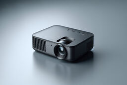 Sleek black multimedia projector on a smooth gray surface