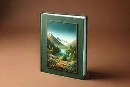 Green hardcover book standing upright with a painted landscape scene on the cover, featuring mountains, a river, and trees, against a warm brown backdrop