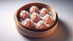 Top-down view of a bamboo steamer basket filled with seven translucent soup dumplings neatly arranged on a perforated liner.