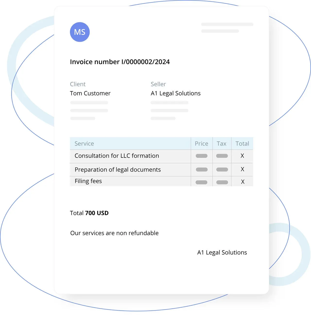 Mockup of a clean, modern invoice for legal services totaling 700 USD.