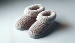 Soft, beige, fleece-lined house slippers with ribbed plush texture and rounded cuffs on a light gray surface.