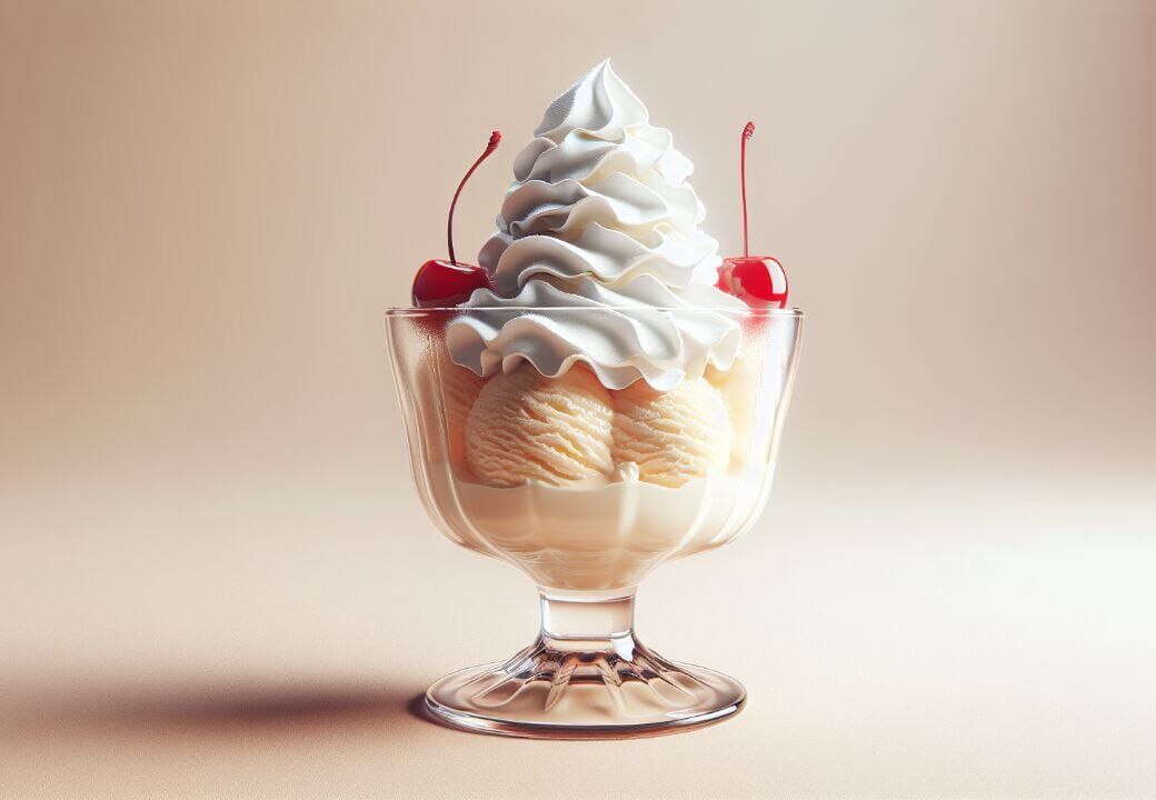 A glass dessert cup filled with vanilla ice cream scoops, topped with a tall swirl of whipped cream and two red cherries.