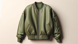 Front view of an olive green bomber jacket hanging against a neutral beige background.