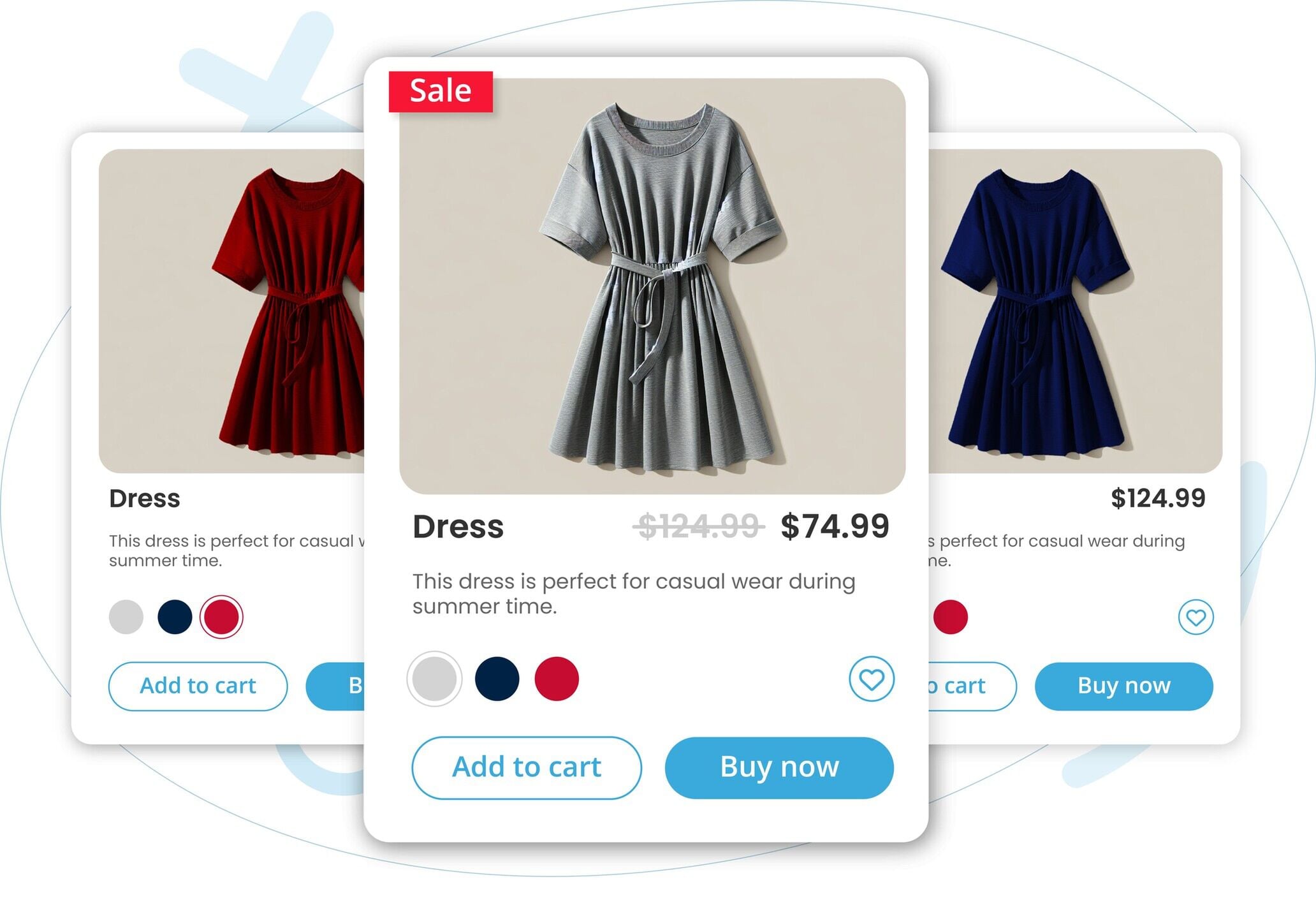 E-commerce product cards showing a casual short-sleeve belted dress with sale pricing and color options.
