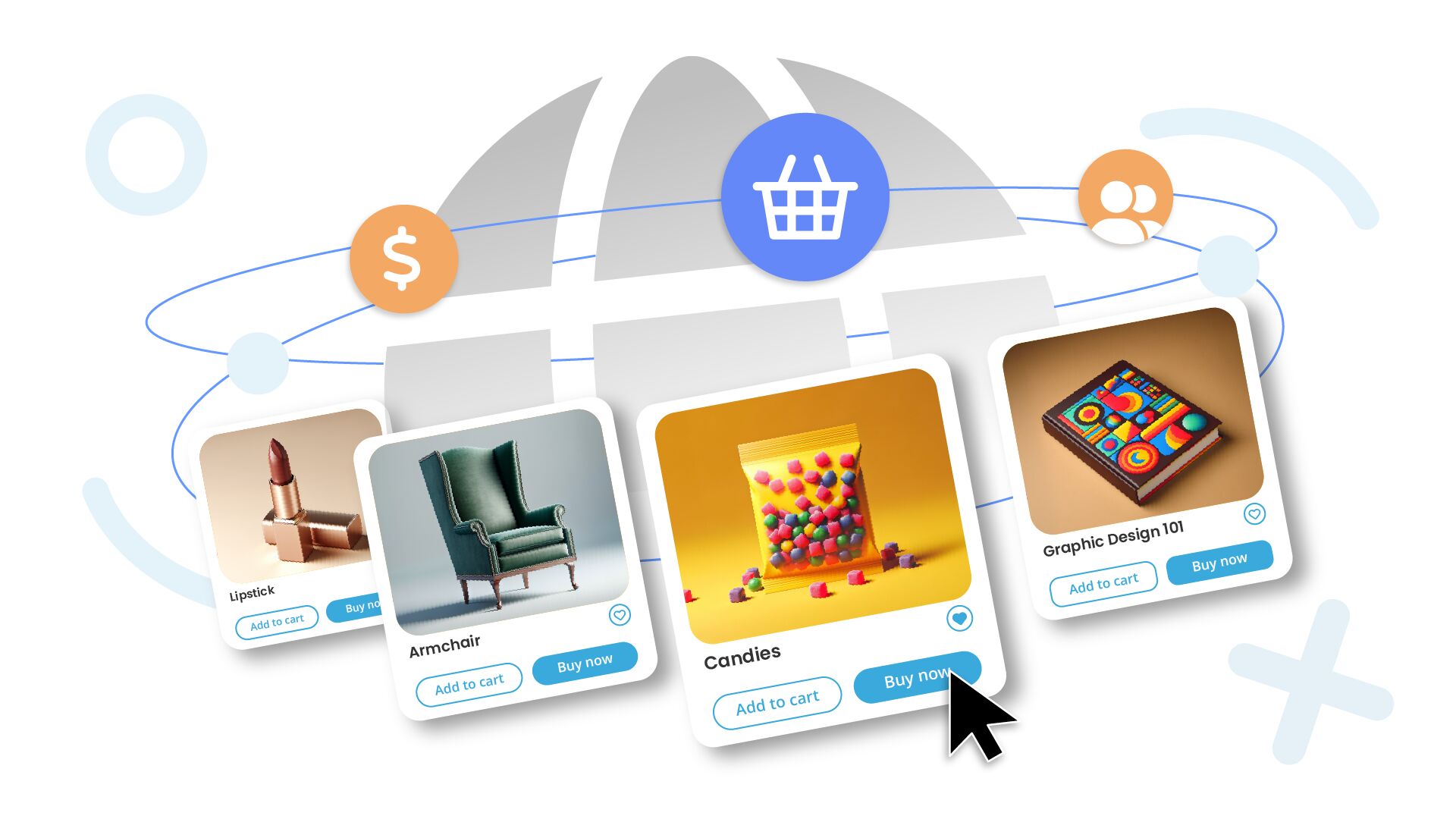 Illustration of an online shopping interface with product cards floating in front of a stylized globe and connected icons.