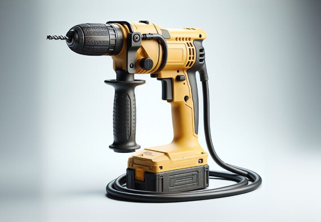 Yellow and black electric power drill with side handle and coiled cord, standing upright on a neutral background.