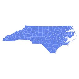 Vector map of North Carolina showing all county boundaries in blue on a white background.