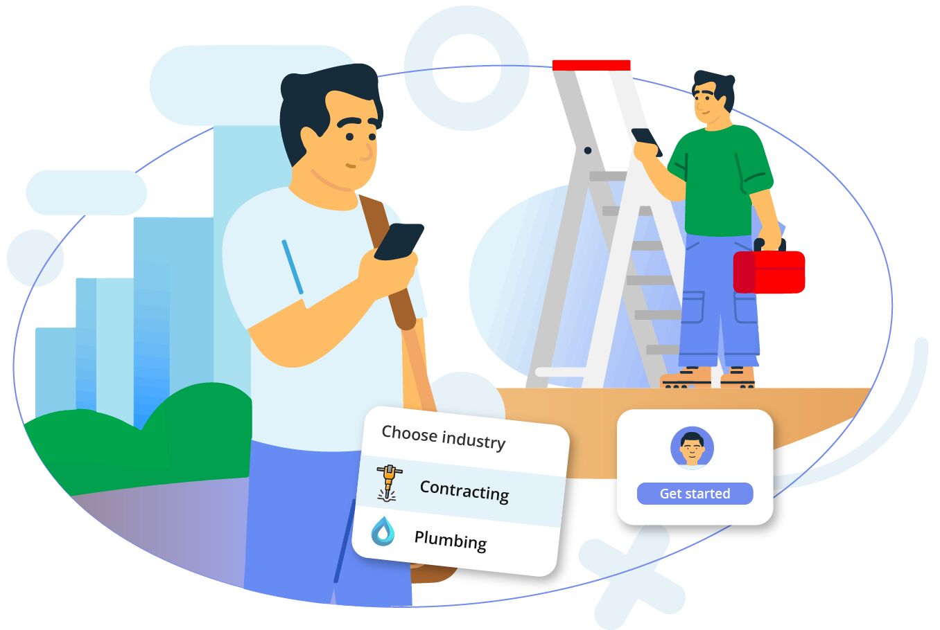 Illustration of workers using smartphones with UI elements for choosing industry and getting started.
