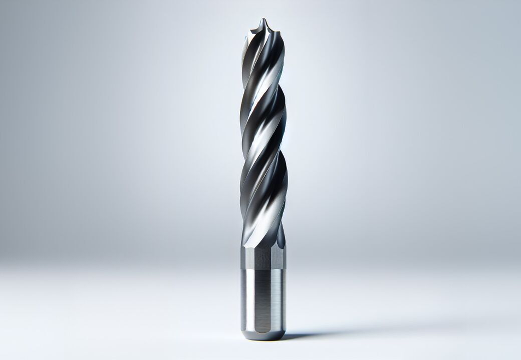 Close-up of a metal twist drill bit standing upright on a smooth surface with a soft gray gradient background.