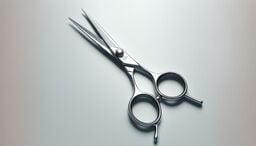 Close-up of a pair of shiny stainless steel hair-cutting scissors on a smooth, light gray surface.