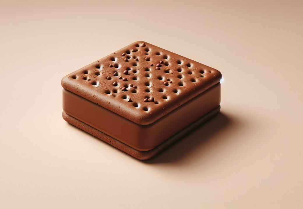 Chocolate ice cream sandwich with perforated cookie top on a beige background